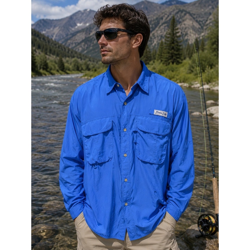 BIMINI BAY Men's XXL Blue Long Sleeve Vented Fishing Shirt -1094